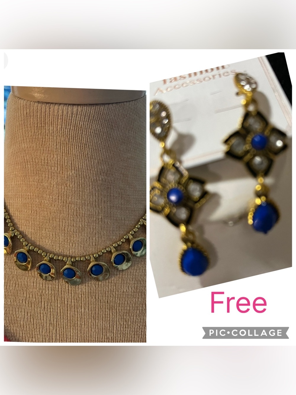 VTG : Blue Synthetic Beads Necklace over lay in gold tone metal &free earrings.